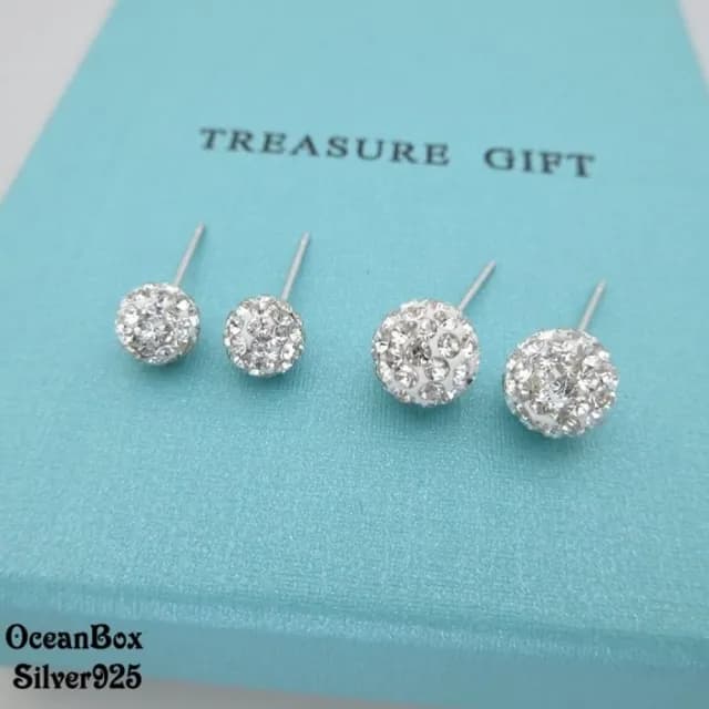 【海洋盒子】精緻閃耀鑲鑽球球925純銀耳環.新年禮物 送禮 生日禮物(貼耳耳環.外鍍專櫃級正白K)