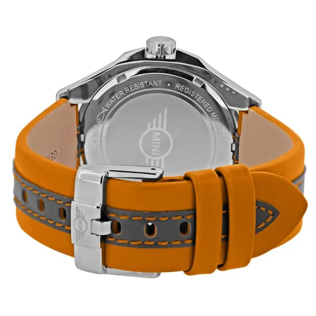 【MINI SWISS WATCHES】石英錶 45mm 深灰底橘錶面 橘灰相間皮錶帶(橘色 父親節禮物)