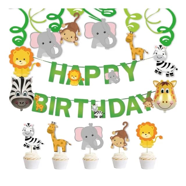 【橘魔法】森林動物生日快樂拉條+蛋糕插牌布置用品(週歲 生日快樂 嬰兒 小童 場景布置 拉條 場地布置)
