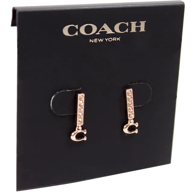 【COACH】垂直水鑽大C墜飾耳針式耳環(玫瑰金)