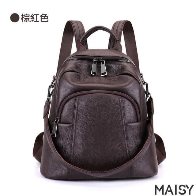 【MAISY】時尚風真皮時尚旅行雙肩包(現+預  黑色 / 紅棕色)
