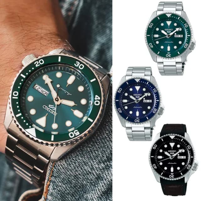 【SEIKO 精工】5 Sports系列水鬼機械錶鋼帶錶42.5mm授權碼SK014/(藍/黑/綠/湖水綠/藍紅)