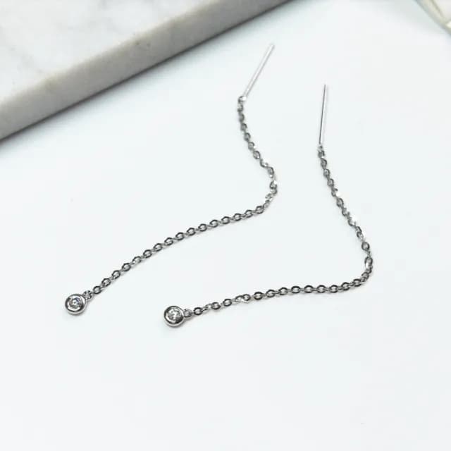 【Eli Jewelry】義大利進口14K金 知性輕珠寶單鑽14K白金垂墜黃金耳環 耳鍊(附精美禮盒 金飾保證卡)