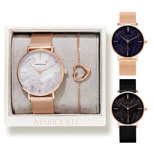 【MARIGOLD 美爾朵】女生禮物｜Happiness手錶1+1禮盒(手繪花錶-三色可選+愛心雙層手鍊-玫瑰金)