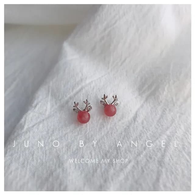【HaNA 梨花】韓國極簡．俏皮可愛小鹿角耳環紅色草莓晶耳環(針式 耳環 耳飾 耳圈 耳釘)
