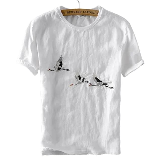 【米蘭精品】現貨+預購 亞麻T恤棉麻短袖上衣(棉麻大雁刺繡白色男裝父親節禮物73xf15)