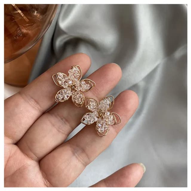 【HaNA 梨花】耳針/耳夾款韓國手工鏤刻金線．水晶串花朵耳環(針式 耳環 耳飾 耳圈 耳釘)