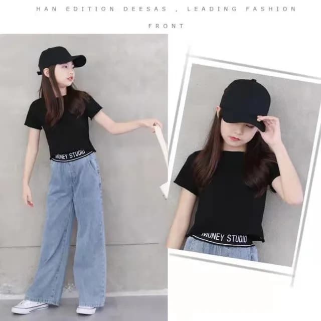 【小衣衫童裝】中大女童黑上衣牛仔闊腿褲套裝(1110208)