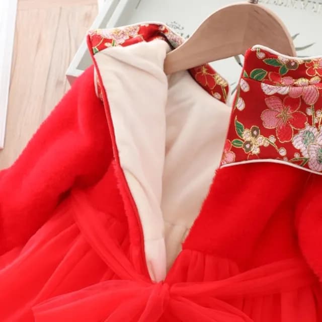 【橘魔法】日式旗袍領拚接毛絨盤扣紗裙洋裝(連衣裙 大紅 新衣 新年 過年 喜宴 童裝 唐裝 女童 拜年服 保暖)