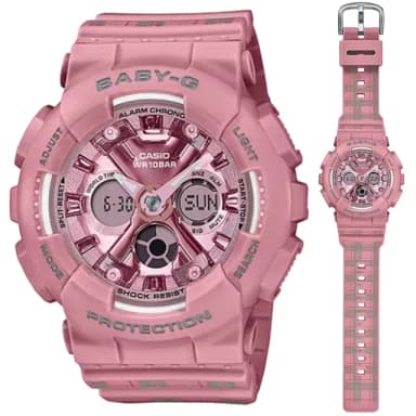 【CASIO 卡西歐】BABY-G 校園風粉紅棕格紋雙顯錶-莓果色 畢業禮物 送禮(BA-130SP-4A)