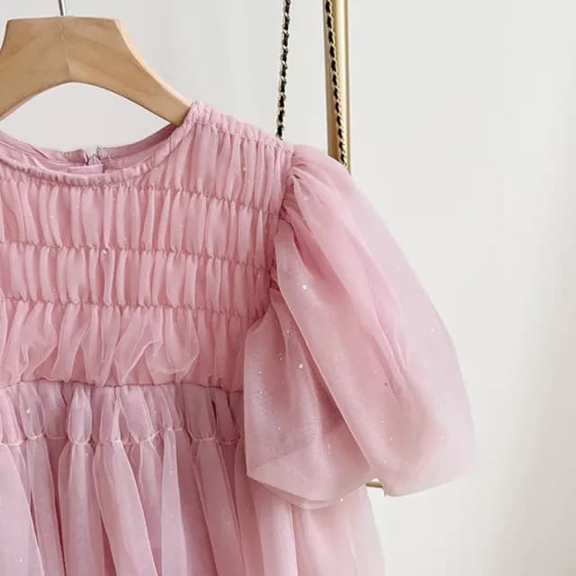 【橘魔法】仙氣抓皺閃亮紗質公主袖洋裝(連衣裙 連身裙 短袖洋裝 大童 女童 童裝 兒童 禮服)