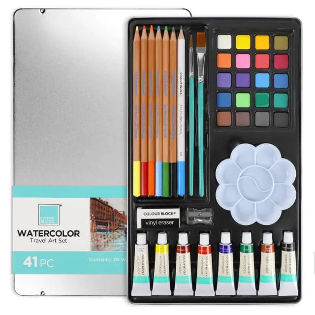【COLOUR BLOCK】41PCS水彩旅行繪畫組馬口鐵盒(水彩組 兒童禮物、生日禮物)