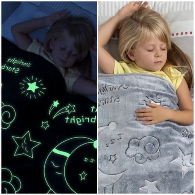 【美國 Snooze Bliss】夜光輕巧保暖男女童兒童毛毯 - 灰星星月亮(聖誕彌月禮物.附贈旅行收納束口袋)
