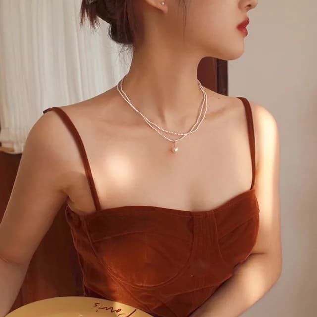 【SUMMER一夏】情人節禮物 韓國設計法式復古雙層小米珍珠圓形貝珠吊墜輕奢小眾設計頸鍊項鍊(法式巴洛克風)