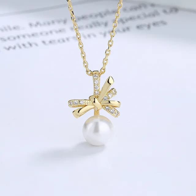 【SUMMER一夏】韓國設計蝴蝶結貝珠吊墜微鑲精緻百搭輕奢小眾設計項鍊(法式巴洛克風)
