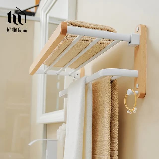 【好物良品】浴室防水防鏽原木收納雙層毛巾掛架(浴室掛架 保養品收納架 置物層架支架 置物架 浴室掛架)