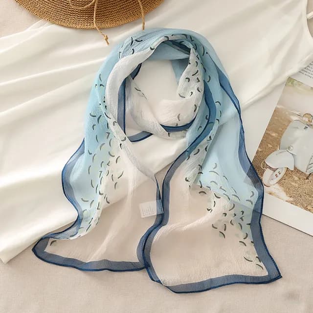 【VEDINA】100%頂級桑蠶絲真絲雪紡典雅浪漫絕美設計彩繪多彩絲巾披肩綢緞脖圍圍巾(瓜子藍)