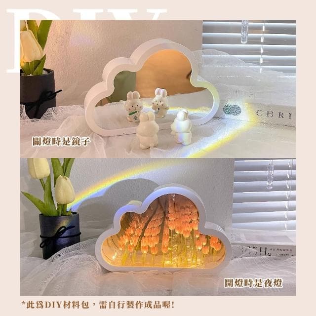 【質感禮物】DIY鬱金香小夜燈鏡子材料包(手作 高級感 創意 氛圍燈 永生花 鏡面燈 居家擺飾 送禮首選)
