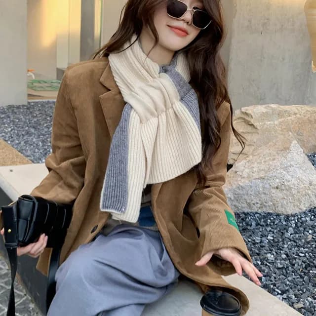 【QIDINA】韓版慵懶風圍巾百搭針織保暖拼色圍脖-A(短圍巾女 披肩圍巾 針織圍巾 脖圍)