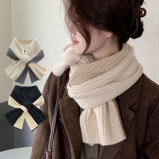 【QIDINA】韓版慵懶風圍巾百搭針織保暖拼色圍脖-A(短圍巾女 披肩圍巾 針織圍巾 脖圍)