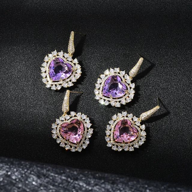 【VERDNIA】彩色鋯石925純銀針愛心造型耳環(歐美時尚潮流女飾品 淡金色耳飾耳針耳墜耳釘)