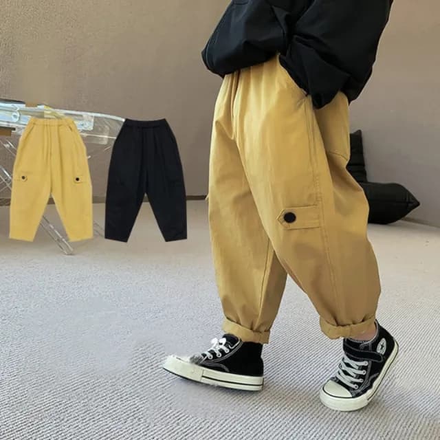 【橘魔法】（零碼出清）側扣造型鬆緊褲頭休閒褲(卡其褲 長褲 褲子 兒童 童裝 大童 中童 男童)