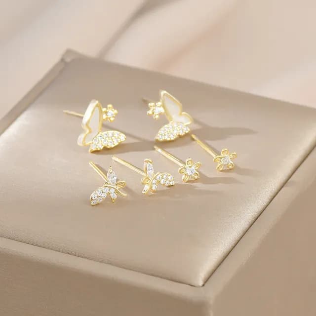 【Umi】一卡3對925純銀針微鑲鋯石蝴蝶造型耳環65651(日韓時尚潮流耳飾耳針耳墜耳釘)