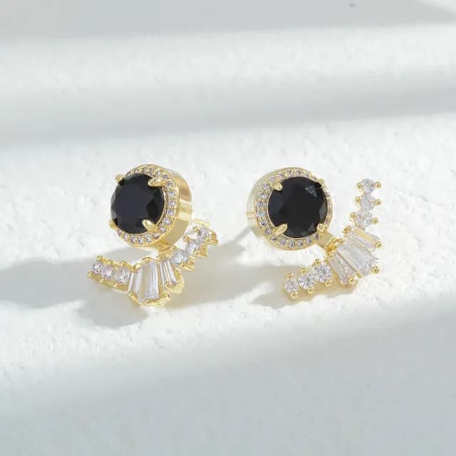 【Umi】925純銀針淡金色復古輕奢圓形寶石天使之翼微鑲鋯石耳環(日韓時尚潮流耳飾耳針耳墜耳釘)