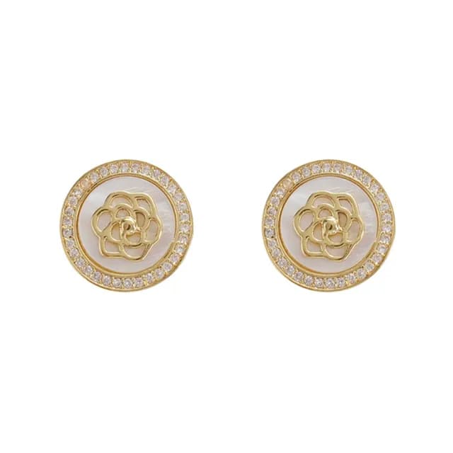 【Umi】925純銀針淡金色微鑲鋯石復古輕奢珍珠光澤花朵造型圓形耳環864(日韓時尚潮流耳飾耳針耳墜耳釘)