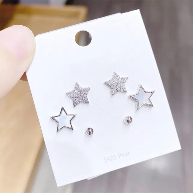 【Umi】一卡3對925純銀針微鑲鋯石星星造型耳環(日韓時尚潮流耳飾耳針耳墜耳釘)
