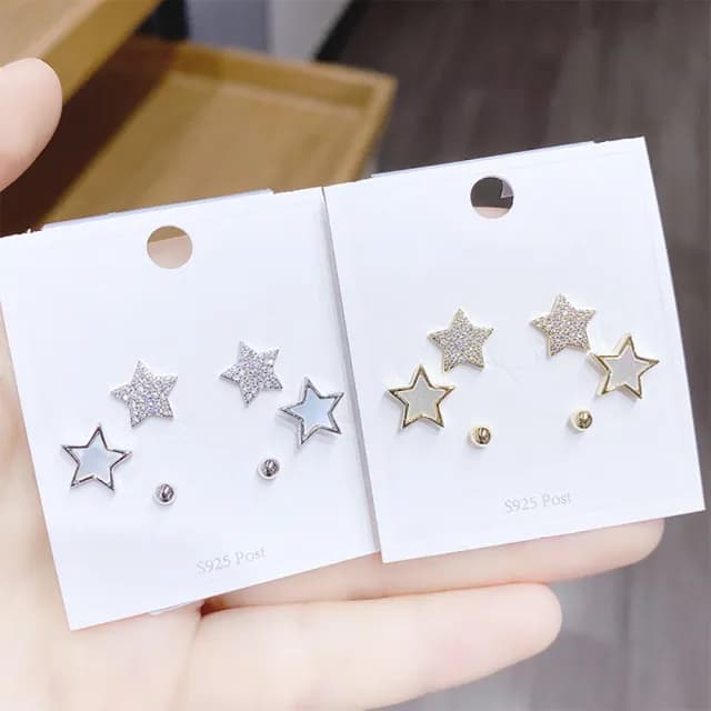 【Umi】一卡3對925純銀針微鑲鋯石星星造型耳環(日韓時尚潮流耳飾耳針耳墜耳釘)