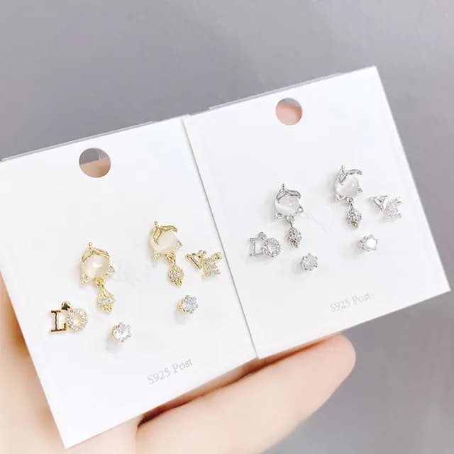 【Umi】一卡3對925純銀針微鑲鋯石貓眼石水滴吊墜LOVE造型耳環(日韓時尚潮流耳飾耳針耳墜耳釘)