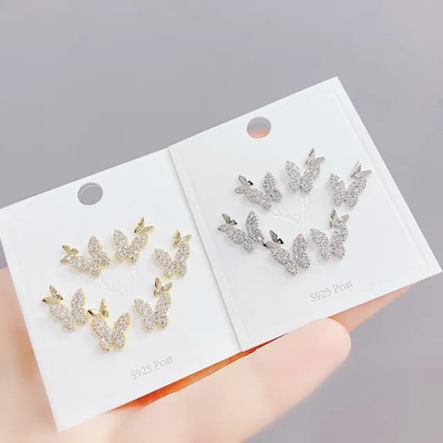 【Umi】一卡3對925純銀針微鑲鋯石蝴蝶造型耳環589(日韓時尚潮流耳飾耳針耳墜耳釘)