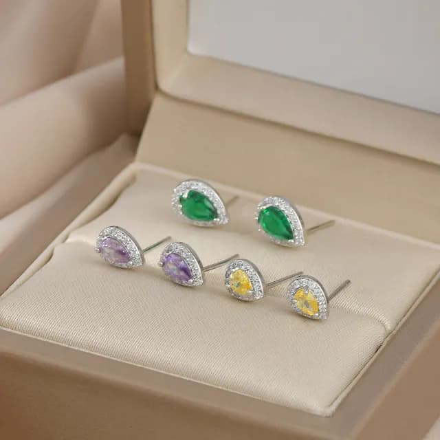 【Umi】一卡3對925純銀針微鑲鋯石綠色紫色黃色彩色寶石水滴造型耳環(日韓時尚潮流耳飾耳針耳墜耳釘)
