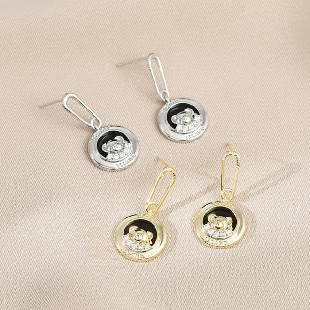 【Umi】925純銀針淡金色微鑲鋯石復古輕奢獨創設計小熊耳環(日韓時尚潮流耳飾耳針耳墜耳釘)