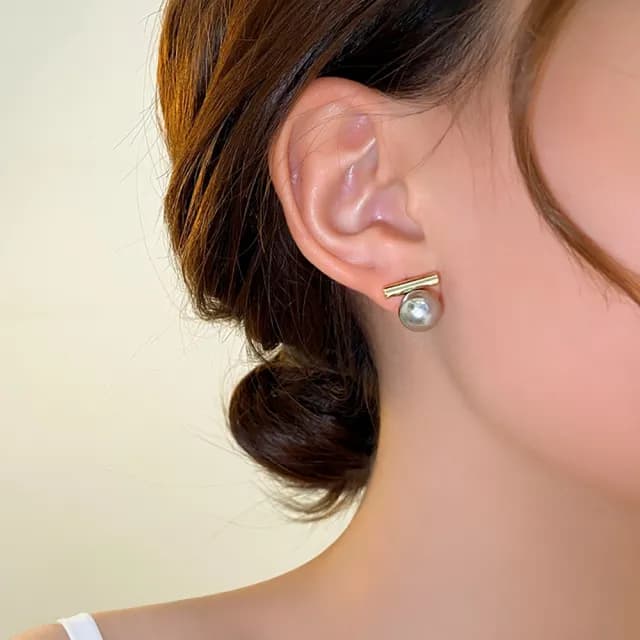 【Umi】925純銀針淡金色巴洛克復古輕奢簡約線條黑色珍珠耳環67427(歐美時尚潮流耳飾耳針耳墜耳釘)