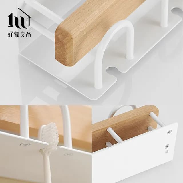 【好物良品】雙人款_浴室防水防鏽原木牙刷漱口杯置物掛架(浴室掛架 保養品收納架 置物層架支架 浴室掛架)