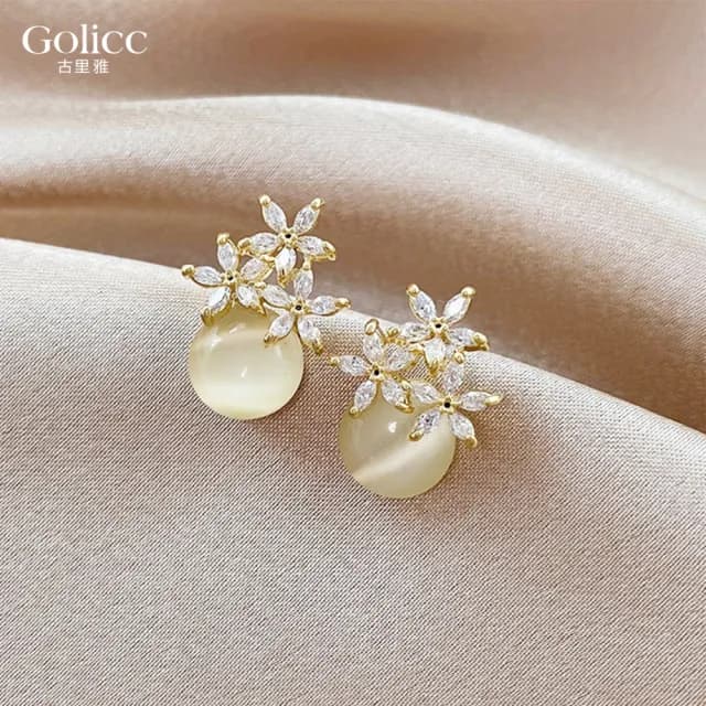 【Gulicc】耳環 花朵 貓眼(雙11 聖誕節 生日 飾品 耳飾 耳墜 禮物)