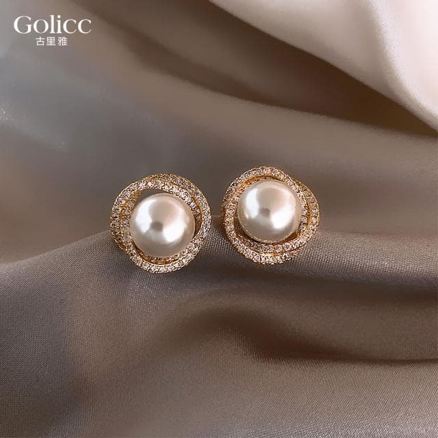 【Golicc】耳環 鑲鑽 雙圈 珍珠(母親節 生日 情人節 飾品 耳飾 耳墜 禮物)