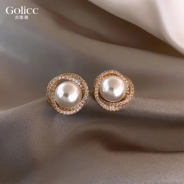 【Golicc】耳環 鑲鑽 雙圈 珍珠(99購物限定 生日 飾品 耳飾 耳墜 禮物)