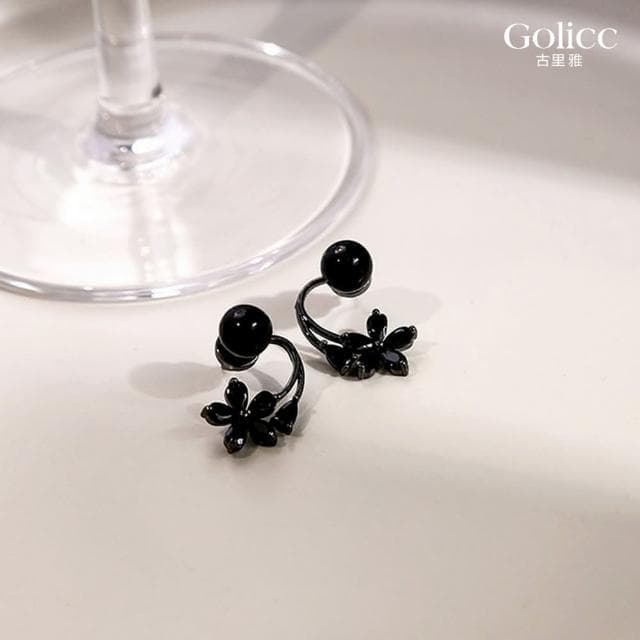【Golicc】耳環 黑色 花朵 珍珠(母親節 生日 情人節 飾品 耳釘 耳飾 耳墜 禮物)