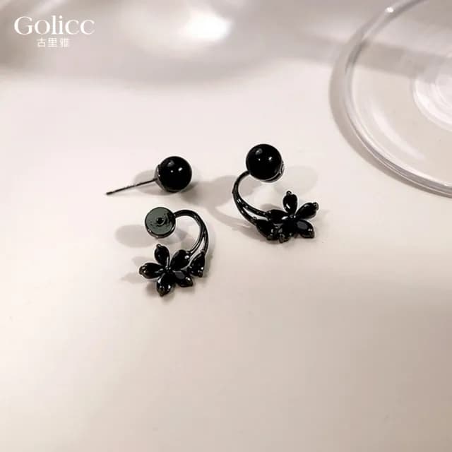 【Golicc】耳環 黑色 花朵 珍珠(七夕 情人節 生日 飾品 耳釘 耳飾 耳墜 禮物)