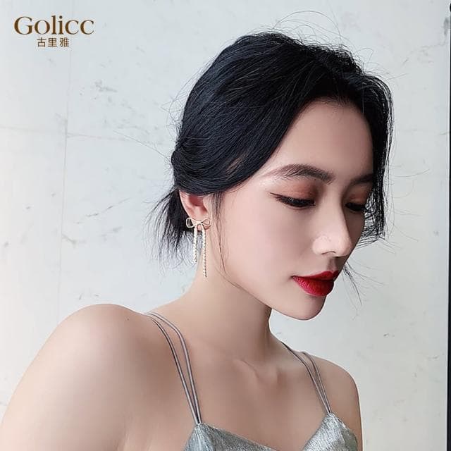 【Golicc】耳環 蝴蝶結 長款 流蘇(母親節 生日 情人節 飾品 耳釘 耳飾 耳墜 禮物)