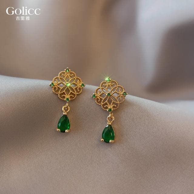 【Golicc】耳環 祖母綠 水滴(母親節 生日 情人節 飾品 耳釘 耳飾 耳墜 禮物)