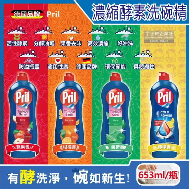 【德國Pril】高效能活性酵素分解重油環保親膚濃縮洗碗精653ml/藍瓶(4款任選廚房餐具碗盤鍋具清潔劑)
