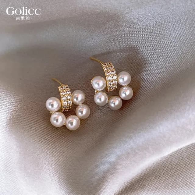 【Golicc】耳環 珍珠圈 鋯石(七夕 情人節 生日 耳飾 飾品 禮物)