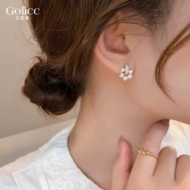 【Golicc】耳環 珍珠圈 鋯石(七夕 情人節 生日 耳飾 飾品 禮物)