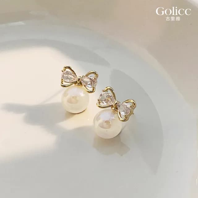 【Golicc】耳環 蝴蝶結 珍珠(99購物限定 生日 飾品 耳釘 耳飾 耳墜 禮物)