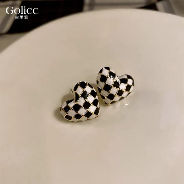 【Golicc】耳環 滴釉 格子 愛心(七夕 情人節 生日 飾品 耳釘 耳飾 耳墜 禮物)