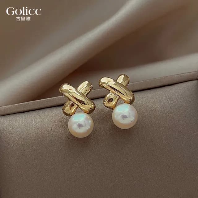 【Golicc】耳環 百搭 交叉 珍珠(七夕 情人節 生日 飾品 耳釘 耳飾 耳墜 禮物)